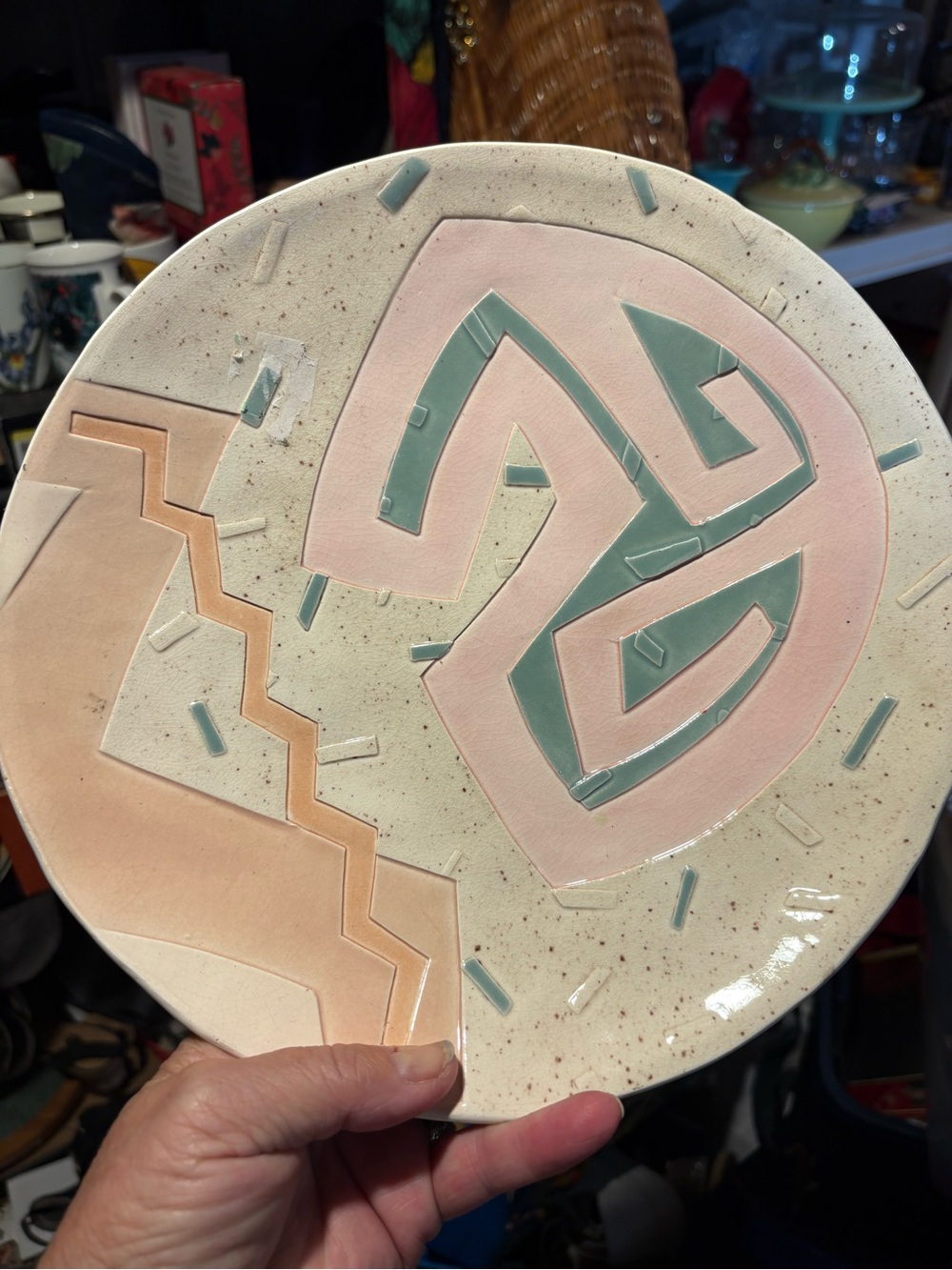 Vintage Barbara Demery Geometric Ceramic Wall Plate Pink & Green 1989